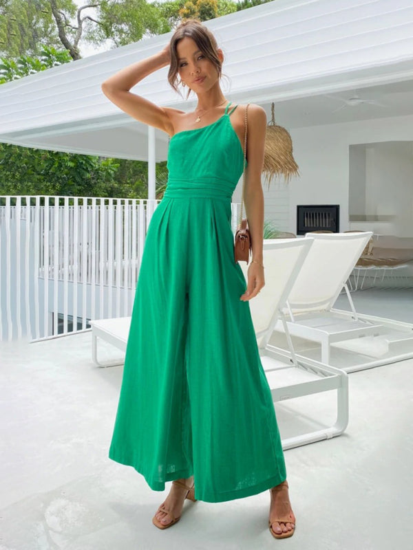 New casual, comfortable and refreshing sleeveless waistless backless loose wide-leg jumpsuit