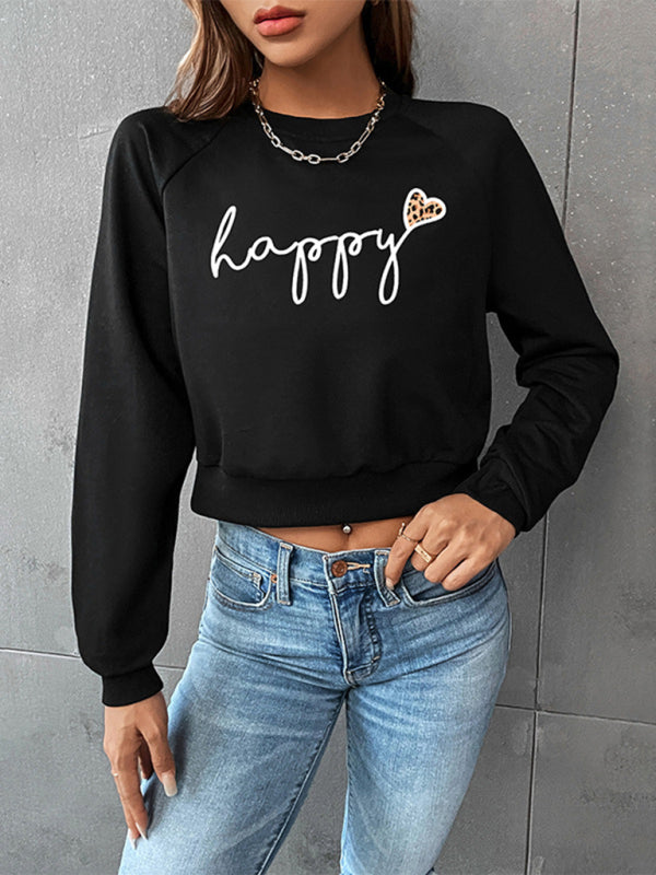 New Women's Valentine's Day Leopard Letters Love Print Short Long Sleeve Sweatshirt