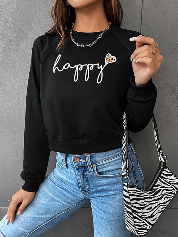 New Women's Valentine's Day Leopard Letters Love Print Short Long Sleeve Sweatshirt