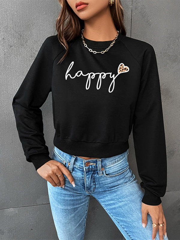 New Women's Valentine's Day Leopard Letters Love Print Short Long Sleeve Sweatshirt