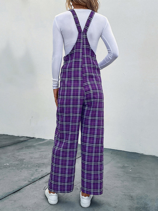 Women's casual plaid overalls jumpsuit