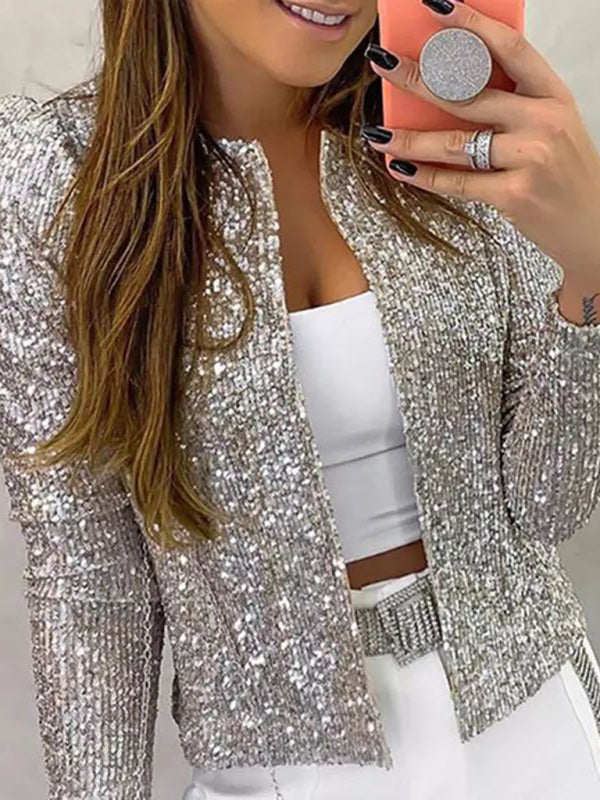 Women's fashion round neck solid color sequined short coat casual all-match small coat