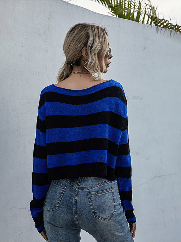 New women's striped v-neck loose short knitted bottoming sweater