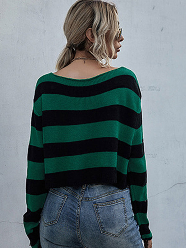 New women's striped v-neck loose short knitted bottoming sweater