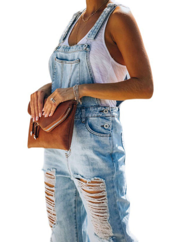 Women's washed ripped blue overalls jeans