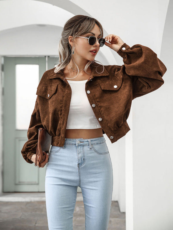 Corduroy Jacket Lantern Sleeve Single Breasted Short Jacket Women