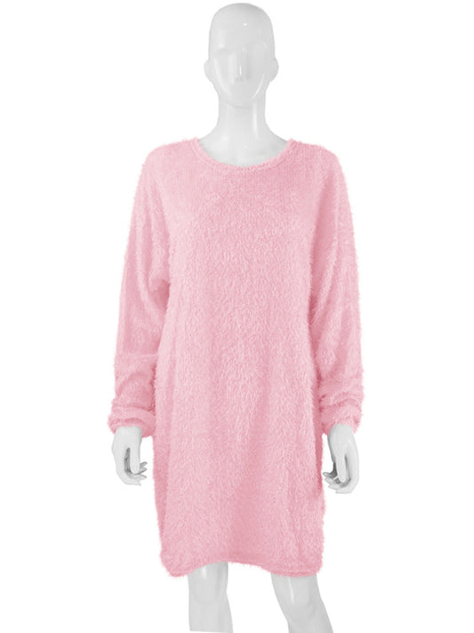 Mid-Length Long Sleeve Round Neck Loose Plush Dresses