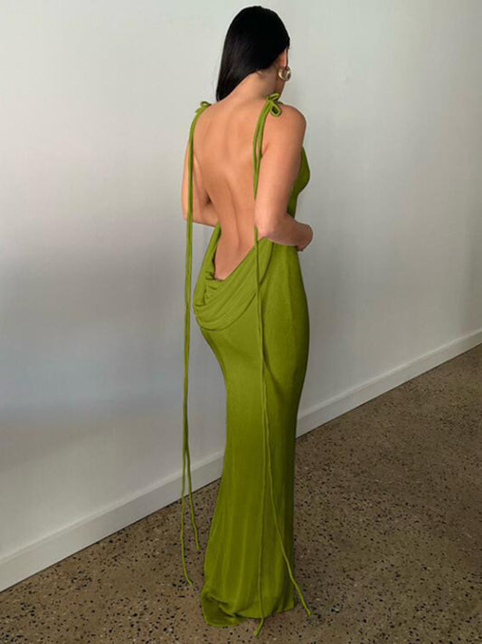 New fashionable and sexy backless strappy long skirt tube top halter neck dress