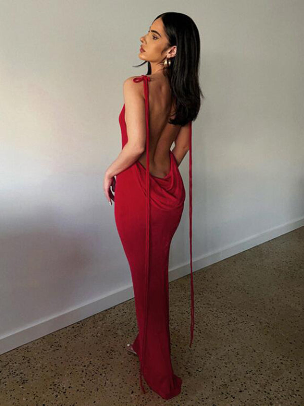 New fashionable and sexy backless strappy long skirt tube top halter neck dress