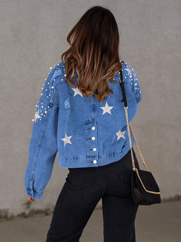 Pearl Studded Distressed Denim Jacket