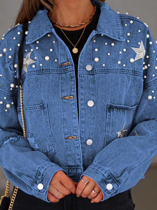 Pearl Studded Distressed Denim Jacket