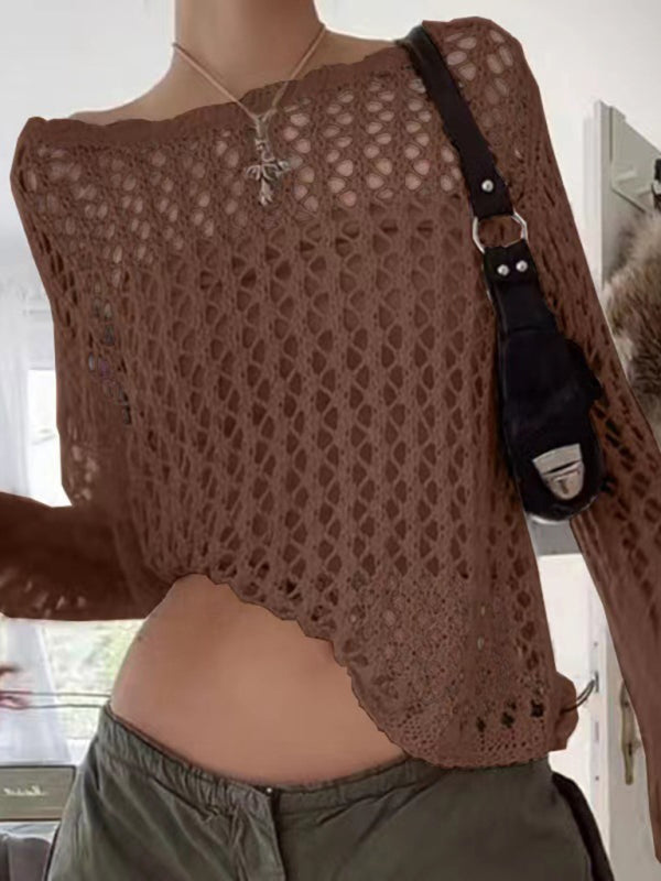 Women's loose see-through mesh long-sleeved knitted top