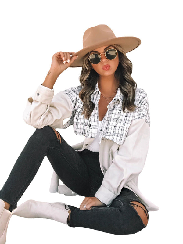 New style casual lapel long sleeve pocket plaid corduroy women's jacket