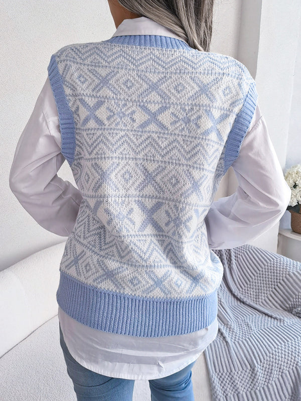 Women's new Christmas snowflake pattern V-neck knitted vest sweater