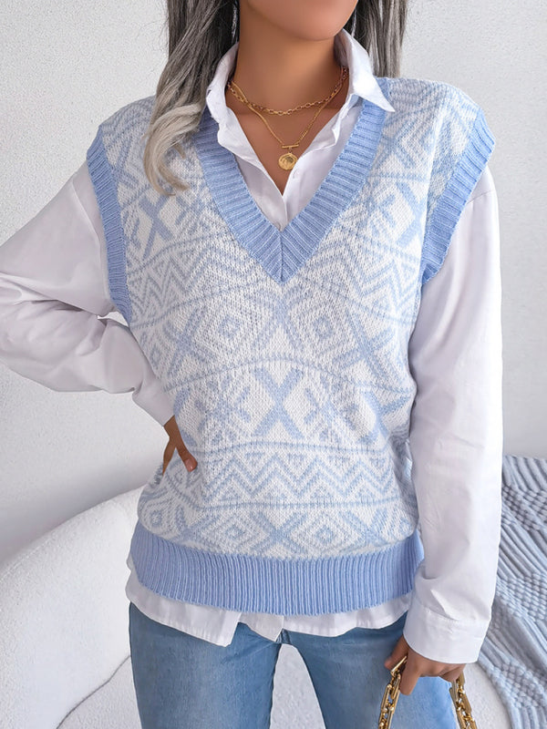 Women's new Christmas snowflake pattern V-neck knitted vest sweater