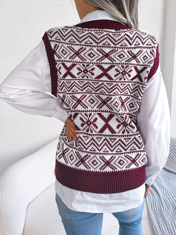 Women's new Christmas snowflake pattern V-neck knitted vest sweater