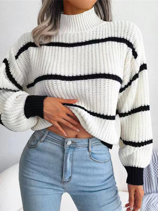 Women's Casual Striped Balloon Sleeve Turtleneck Sweater