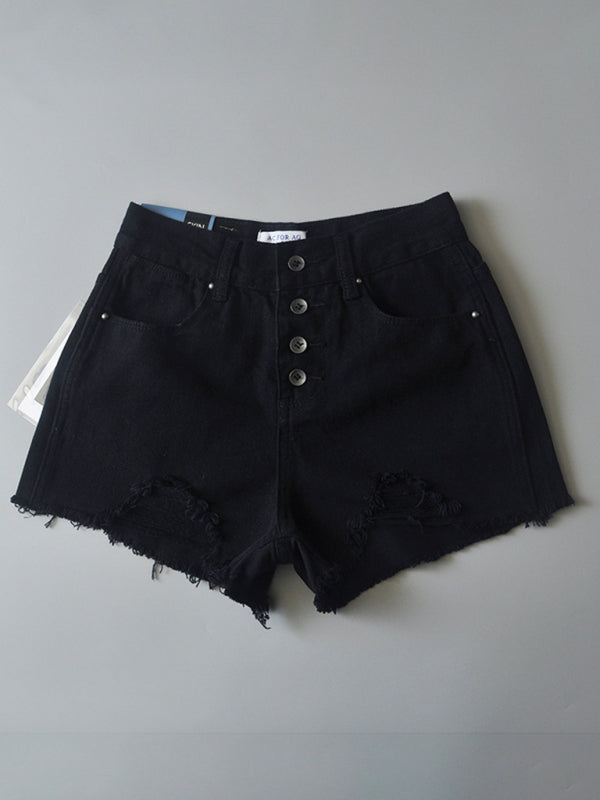 Women's high-waisted buttoned-up washed ripped raw edge denim shorts hot pants