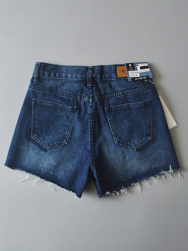 Women's high-waisted buttoned-up washed ripped raw edge denim shorts hot pants