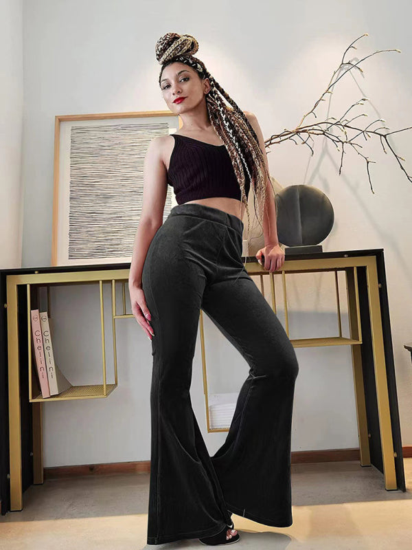 Women's pants velvet flared pants elastic elastic high waist flared pants casual trousers