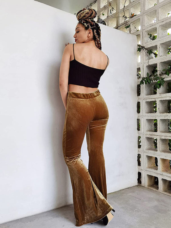 Women's pants velvet flared pants elastic elastic high waist flared pants casual trousers