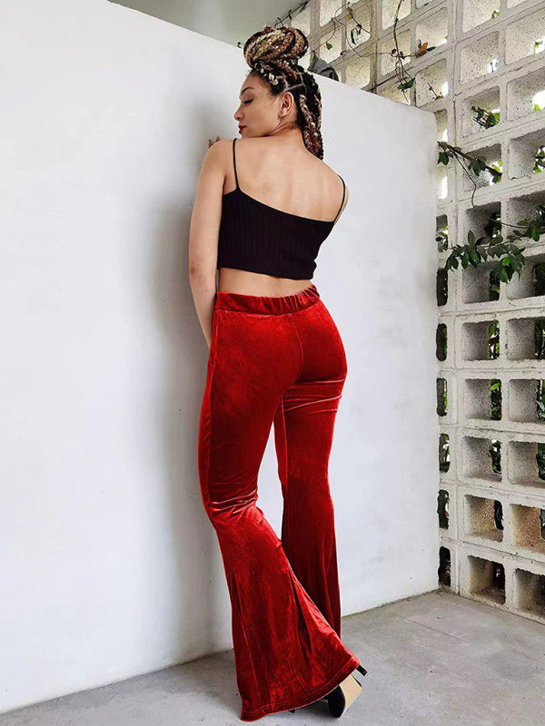 Women's pants velvet flared pants elastic elastic high waist flared pants casual trousers