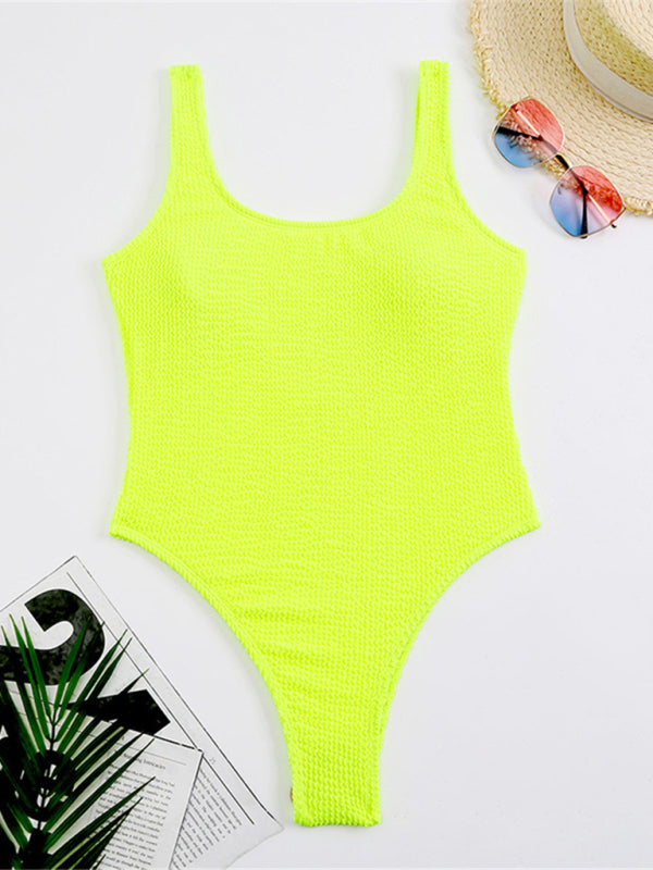 Women's Candy Color Fluorescent Pleated Fabric One-Piece Swimsuit