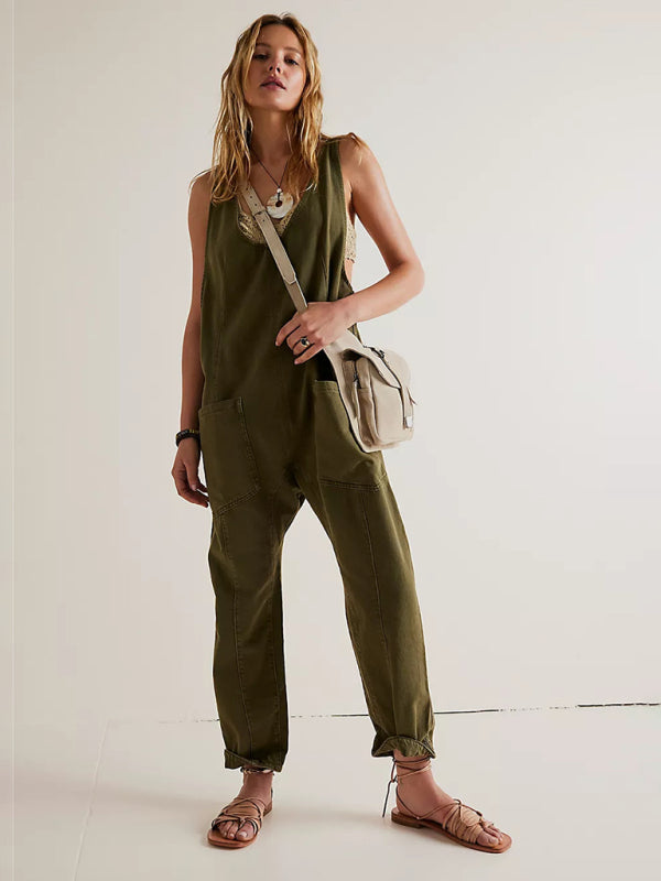 New washed denim V-neck jumpsuit adjustable overalls