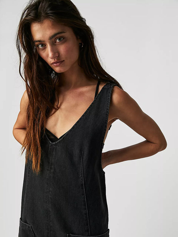 New washed denim V-neck jumpsuit adjustable overalls