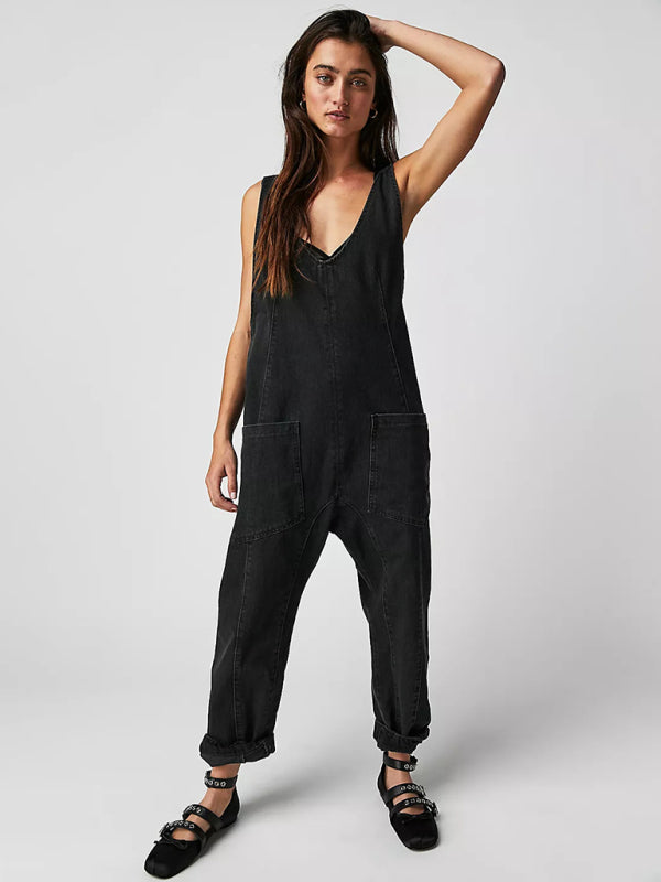 New washed denim V-neck jumpsuit adjustable overalls