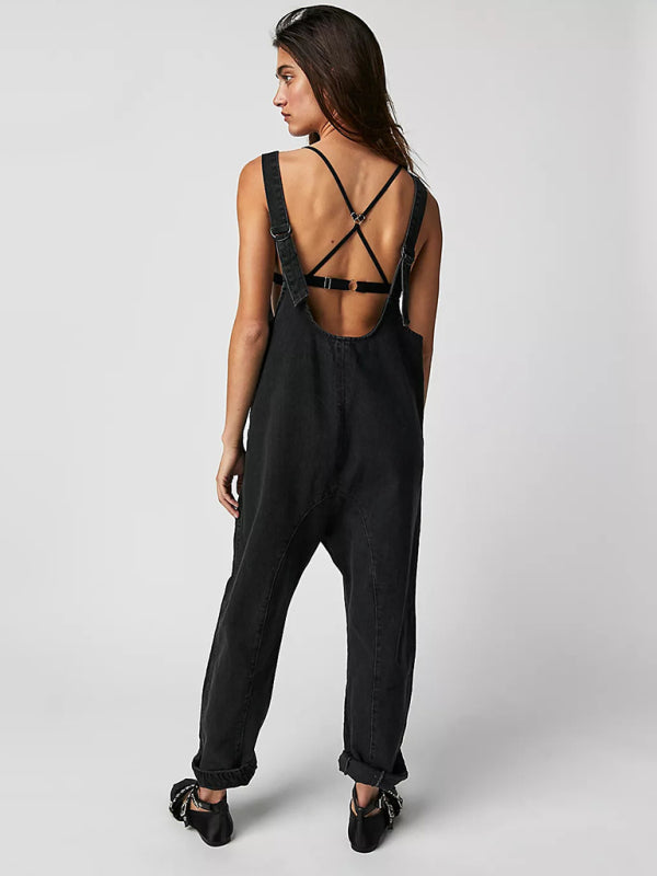 New washed denim V-neck jumpsuit adjustable overalls