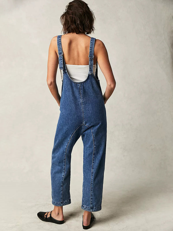 New washed denim V-neck jumpsuit adjustable overalls