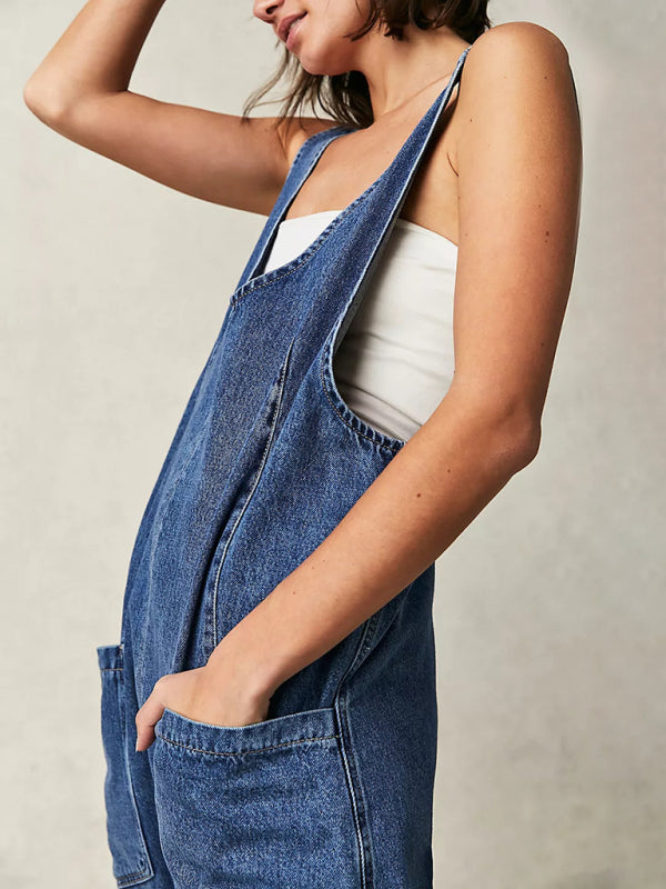 New washed denim V-neck jumpsuit adjustable overalls