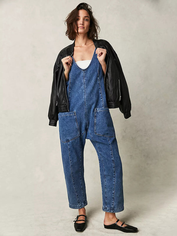 New washed denim V-neck jumpsuit adjustable overalls