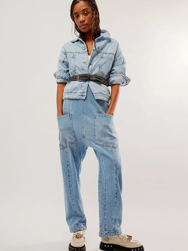 New washed denim V-neck jumpsuit adjustable overalls