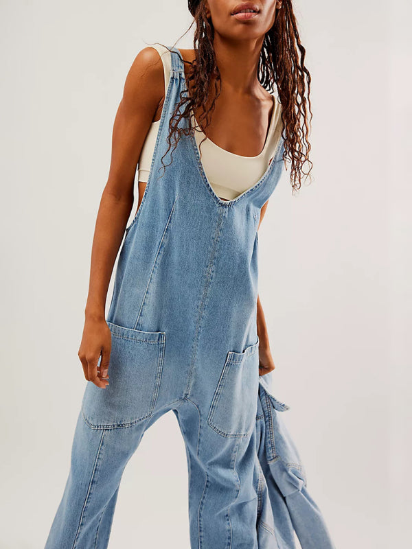 New washed denim V-neck jumpsuit adjustable overalls