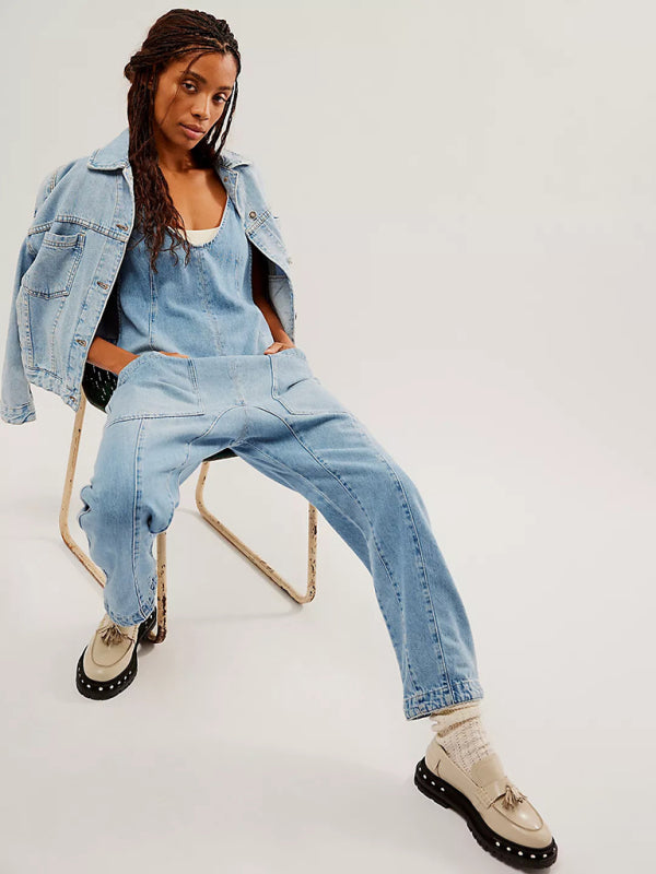 New washed denim V-neck jumpsuit adjustable overalls