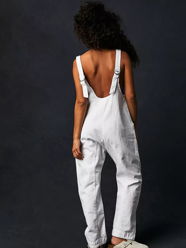 New washed denim V-neck jumpsuit adjustable overalls