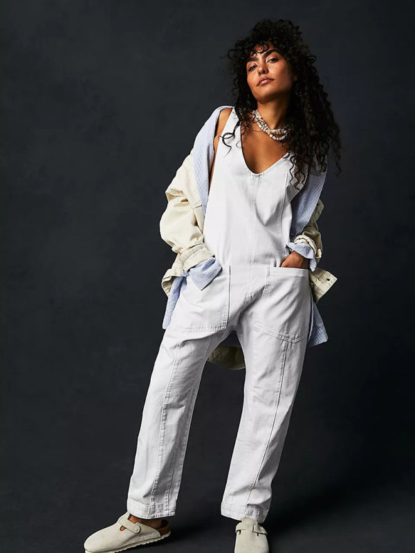 New washed denim V-neck jumpsuit adjustable overalls