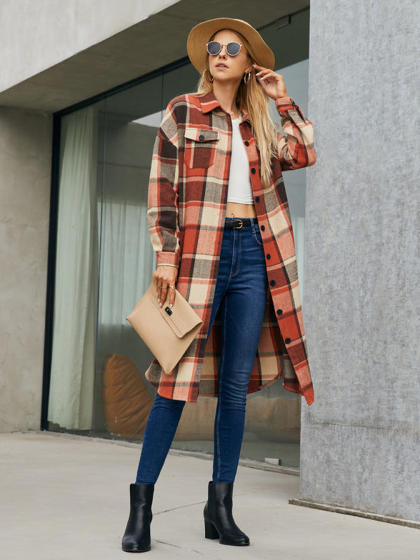 Plaid Button-Up Long Jacket with Flap Pockets