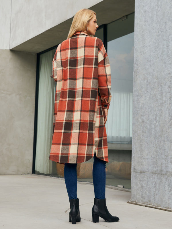 Plaid Button-Up Long Jacket with Flap Pockets