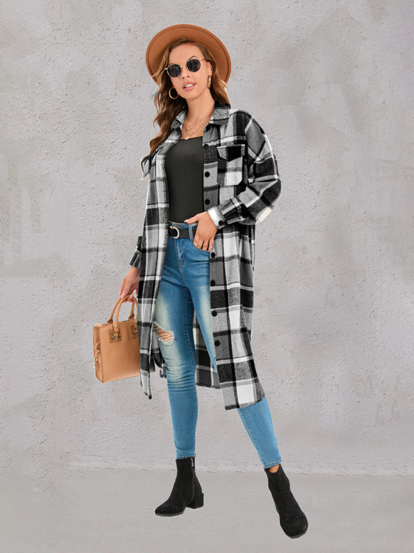 Plaid Button-Up Long Jacket with Flap Pockets