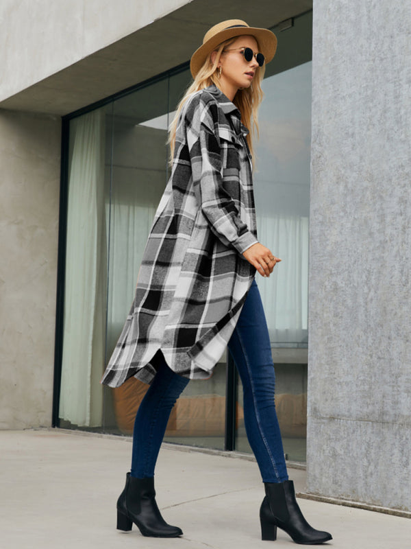 Plaid Button-Up Long Jacket with Flap Pockets