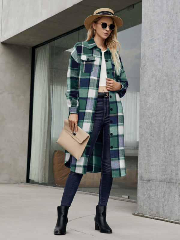 Plaid Button-Up Long Jacket with Flap Pockets