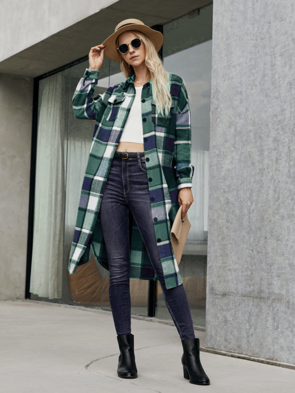 Plaid Button-Up Long Jacket with Flap Pockets