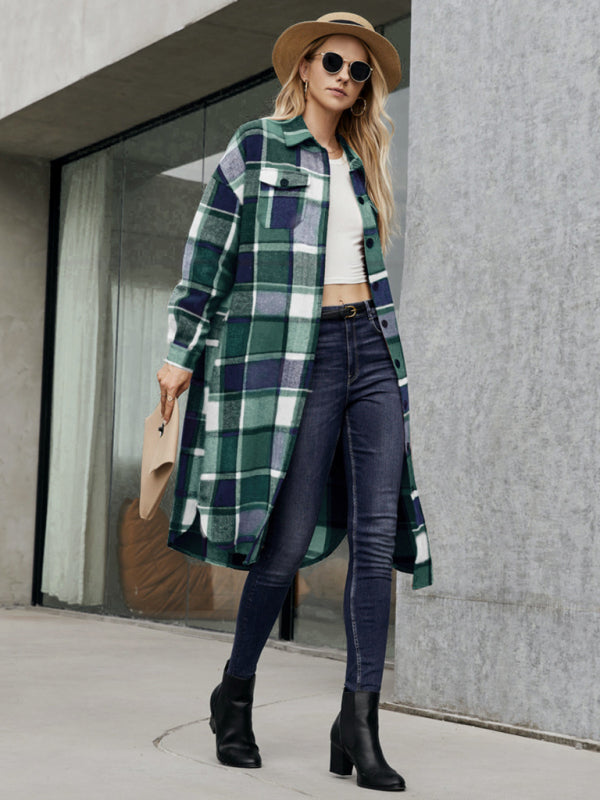 Plaid Button-Up Long Jacket with Flap Pockets