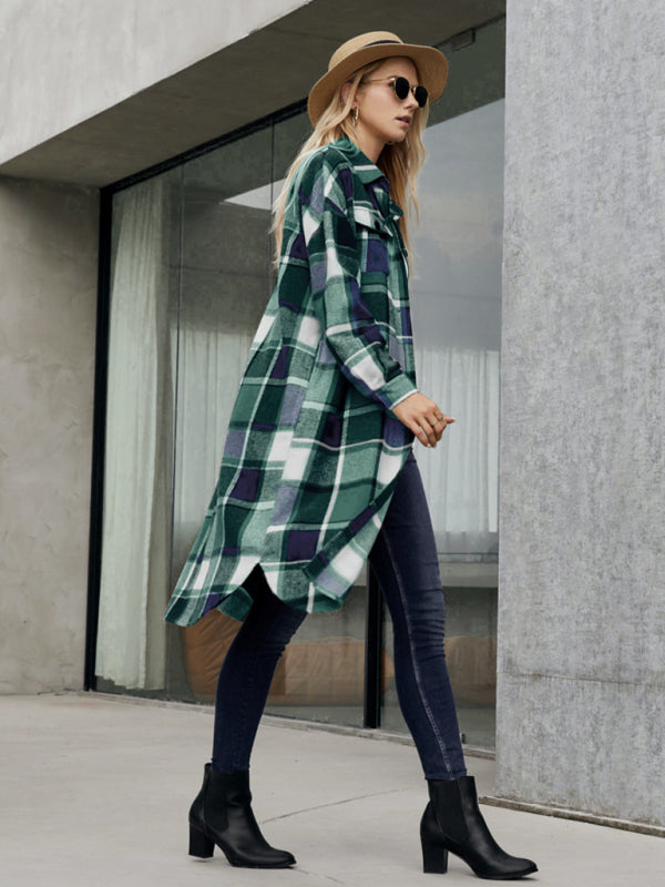 Plaid Button-Up Long Jacket with Flap Pockets