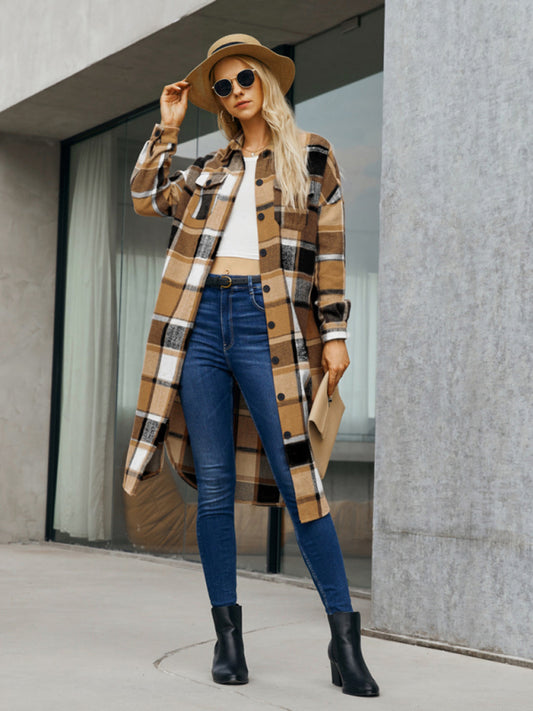 Plaid Button-Up Long Jacket with Flap Pockets