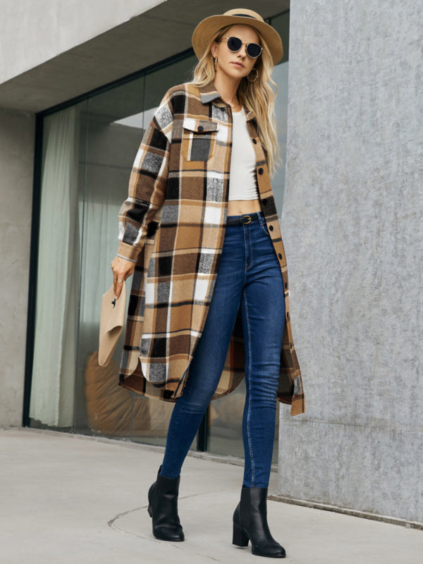 Plaid Button-Up Long Jacket with Flap Pockets