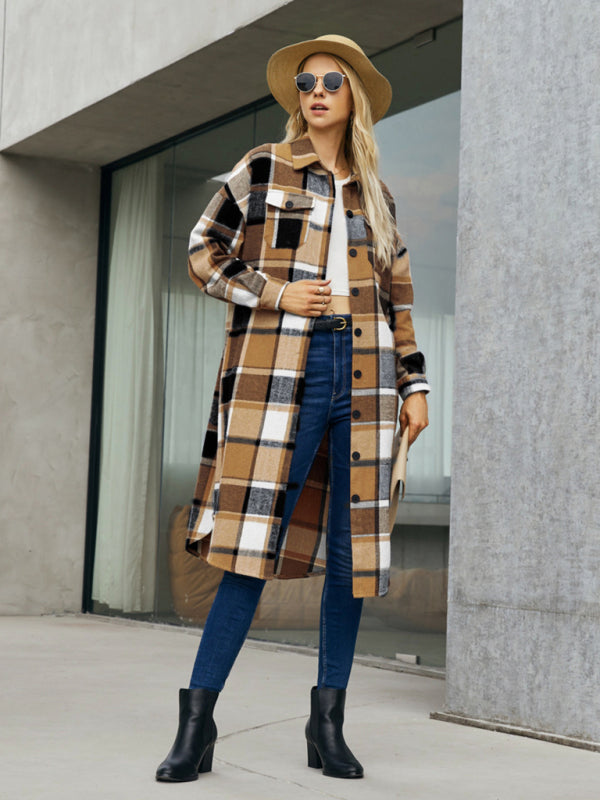 Plaid Button-Up Long Jacket with Flap Pockets